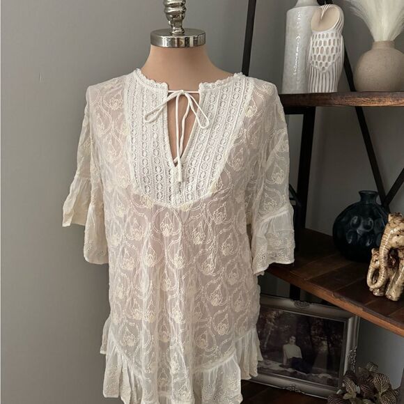 Anthropologie Tunic Boho Eyelet Ivory Embroidered Swim Cover-Up Women’s SIZE MED - Picture 1 of 10